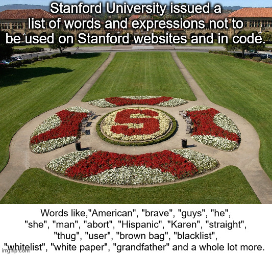 The left has a long history of changing language in the fringe only to be later introduced into the mainstream. | Stanford University issued a list of words and expressions not to be used on Stanford websites and in code. Words like,"American", "brave", "guys", "he", "she", "man", "abort", "Hispanic", "Karen", "straight", "thug", "user", "brown bag", "blacklist", "whitelist", "white paper", "grandfather" and a whole lot more. | image tagged in nuspeak,double plus bad word list,orwellian | made w/ Imgflip meme maker