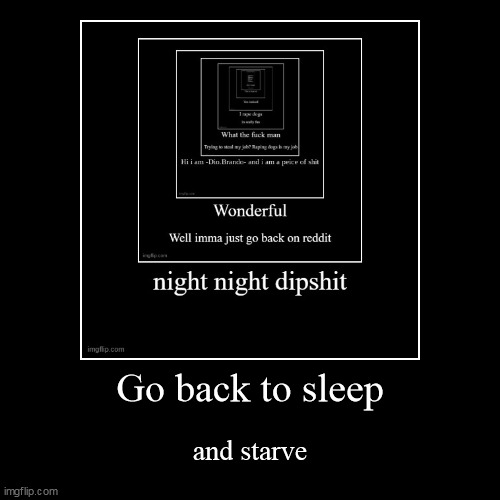 Go back to sleep an starve | image tagged in bro,memes,demotivationals | made w/ Imgflip demotivational maker