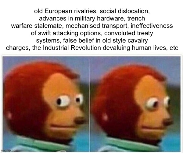 Monkey Puppet Meme | old European rivalries, social dislocation, advances in military hardware, trench warfare stalemate, mechanised transport, ineffectiveness o | image tagged in memes,monkey puppet | made w/ Imgflip meme maker