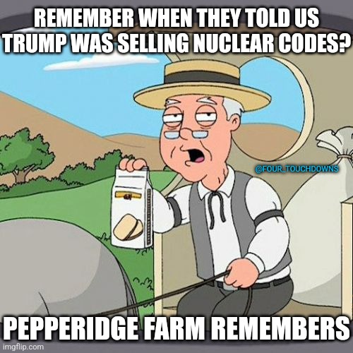 Pepperidge Farm remembers... | REMEMBER WHEN THEY TOLD US TRUMP WAS SELLING NUCLEAR CODES? @FOUR_TOUCHDOWNS; PEPPERIDGE FARM REMEMBERS | image tagged in trump,fbi,fake news | made w/ Imgflip meme maker