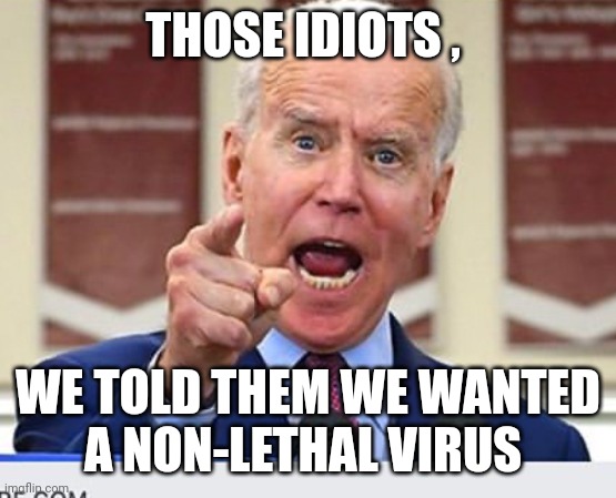 Joe Biden no malarkey | THOSE IDIOTS , WE TOLD THEM WE WANTED
A NON-LETHAL VIRUS | image tagged in joe biden no malarkey | made w/ Imgflip meme maker