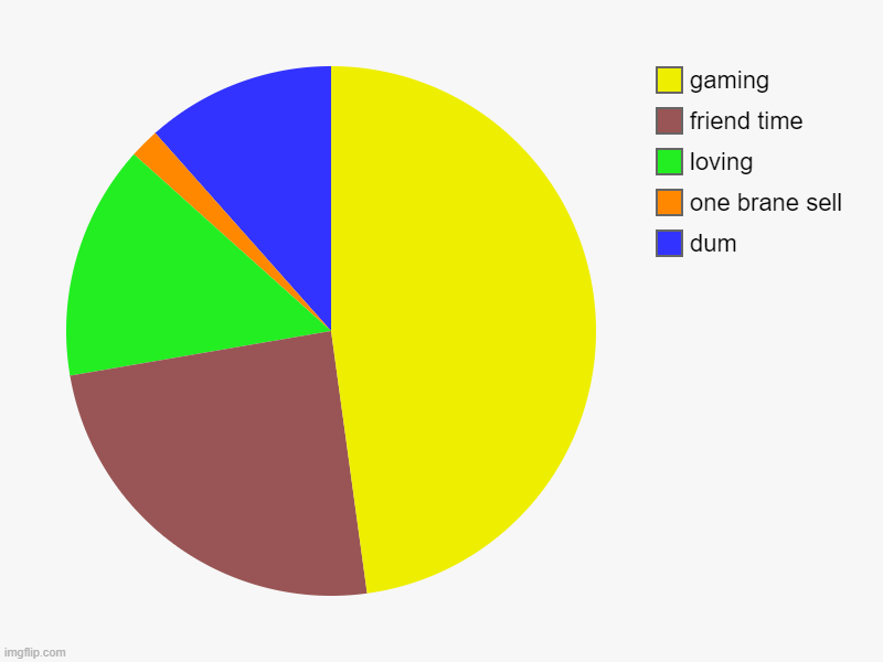 dum, one brane sell , loving, friend time, gaming | image tagged in charts,pie charts | made w/ Imgflip chart maker