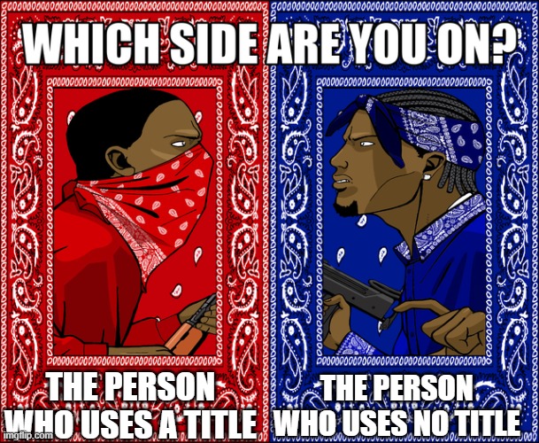 which SIDE are you on? | THE PERSON WHO USES A TITLE; THE PERSON WHO USES NO TITLE | image tagged in which side are you on,oh wow are you actually reading these tags | made w/ Imgflip meme maker