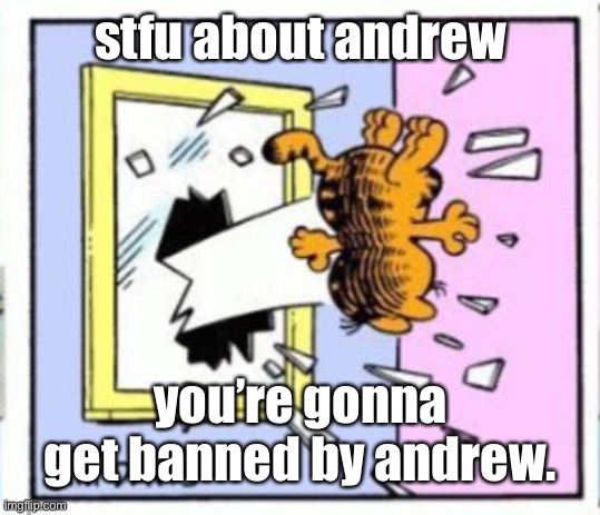 Garfield gets thrown out of a window | stfu about andrew; you’re gonna get banned by andrew. | image tagged in garfield gets thrown out of a window | made w/ Imgflip meme maker