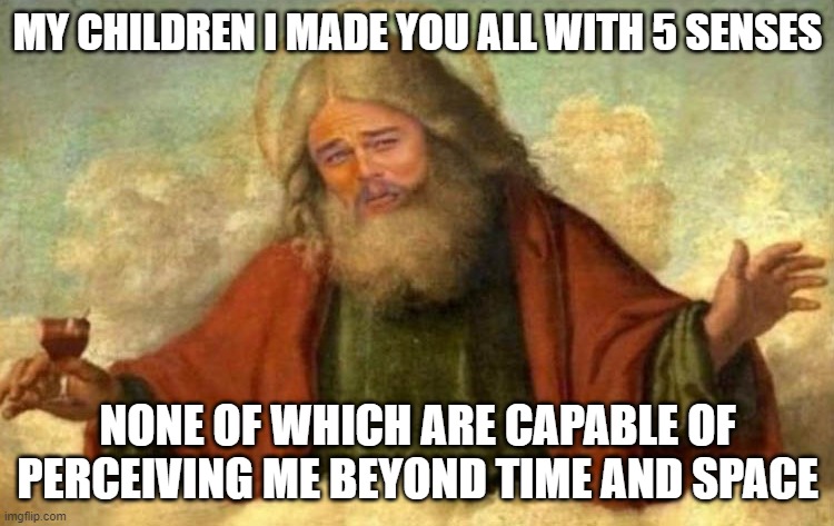 god works in mysterious ways |  MY CHILDREN I MADE YOU ALL WITH 5 SENSES; NONE OF WHICH ARE CAPABLE OF PERCEIVING ME BEYOND TIME AND SPACE | image tagged in god leonardo,god,yahweh,religion,atheism,funny af | made w/ Imgflip meme maker