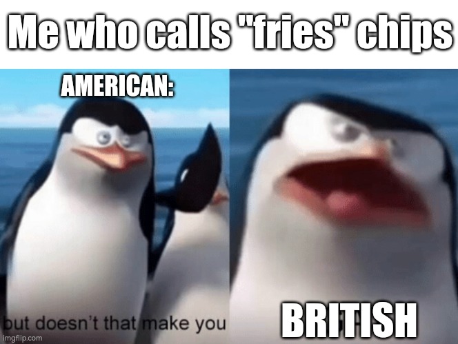 American be like | Me who calls "fries" chips; AMERICAN:; BRITISH | image tagged in funny,memes | made w/ Imgflip meme maker