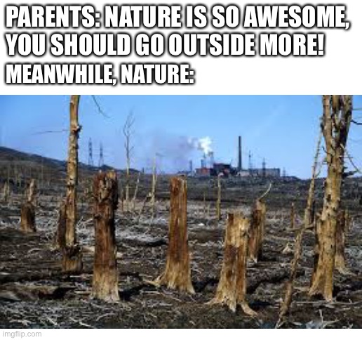 PARENTS: NATURE IS SO AWESOME, YOU SHOULD GO OUTSIDE MORE! MEANWHILE, NATURE: | image tagged in memes,funny,sad but true,nature | made w/ Imgflip meme maker