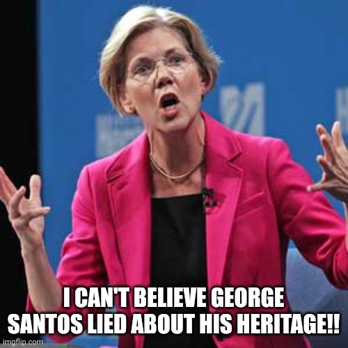 Warren lie | I CAN'T BELIEVE GEORGE SANTOS LIED ABOUT HIS HERITAGE!! | image tagged in elizabeth warren | made w/ Imgflip meme maker