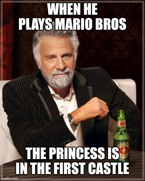 The Most Interesting Man In The World | WHEN HE PLAYS MARIO BROS; THE PRINCESS IS IN THE FIRST CASTLE | image tagged in memes,the most interesting man in the world | made w/ Imgflip meme maker