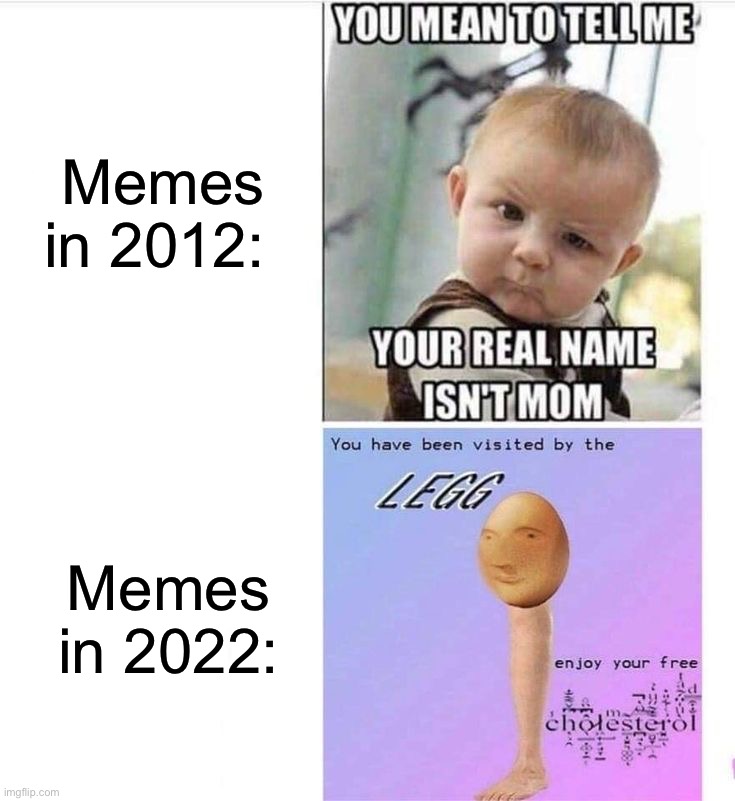 Memes in 2012:; Memes in 2022: | image tagged in memes,funny | made w/ Imgflip meme maker
