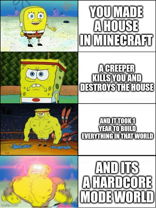 Angry Sponge | YOU MADE A HOUSE IN MINECRAFT; A CREEPER KILLS YOU AND DESTROYS THE HOUSE; AND IT TOOK 1 YEAR TO BUILD EVERYTHING IN THAT WORLD; AND ITS A HARDCORE MODE WORLD | image tagged in sponge finna commit muder | made w/ Imgflip meme maker