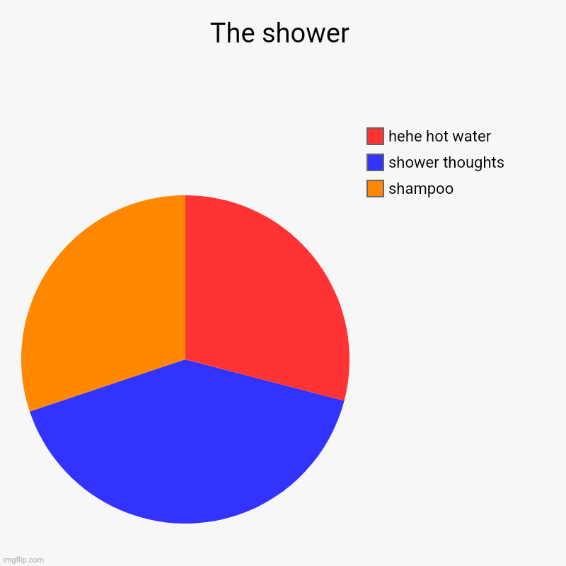 The shower | shampoo, shower thoughts, hehe hot water | image tagged in charts,pie charts | made w/ Imgflip chart maker