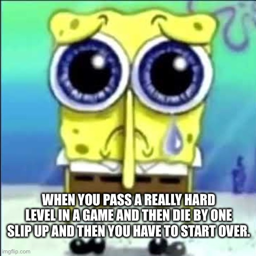 WE WORKED SO HARD! WHYYYYYY?!?!?! | WHEN YOU PASS A REALLY HARD LEVEL IN A GAME AND THEN DIE BY ONE SLIP UP AND THEN YOU HAVE TO START OVER. | image tagged in sad spongebob | made w/ Imgflip meme maker