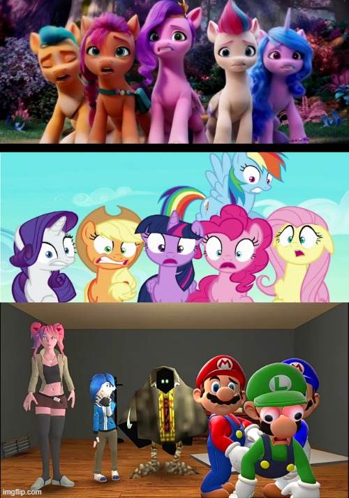 Generation 5 Meets Mane 6 Meets SMG4 | image tagged in traumatized smg4,mane 5,mane 6,smg4 | made w/ Imgflip meme maker