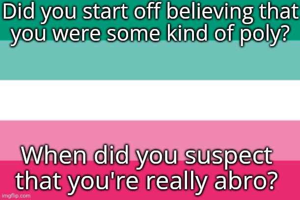 Poly: bi, omni or pan. | Did you start off believing that
you were some kind of poly? When did you suspect that you're really abro? | image tagged in abro,question,lgbt | made w/ Imgflip meme maker