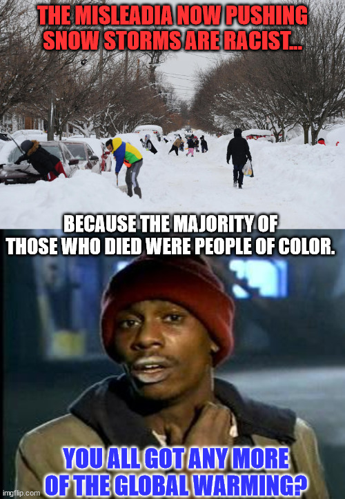 You just can't make this schiff up... | THE MISLEADIA NOW PUSHING SNOW STORMS ARE RACIST... BECAUSE THE MAJORITY OF THOSE WHO DIED WERE PEOPLE OF COLOR. YOU ALL GOT ANY MORE OF THE GLOBAL WARMING? | image tagged in yall got any more of | made w/ Imgflip meme maker