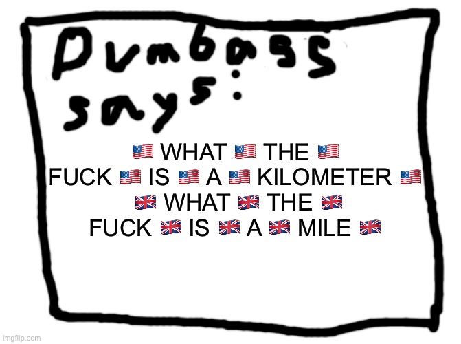 idk | 🇺🇸 WHAT 🇺🇸 THE 🇺🇸 FUСK 🇺🇸 IS 🇺🇸 A 🇺🇸 KILOMETER 🇺🇸
 🇬🇧 WHAT 🇬🇧 THE 🇬🇧 FUCK 🇬🇧 IS 🇬🇧 A 🇬🇧 MILE 🇬🇧 | image tagged in idk | made w/ Imgflip meme maker