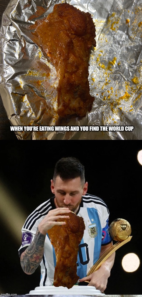 World Cup Wing | WHEN YOU’RE EATING WINGS AND YOU FIND THE WORLD CUP | image tagged in world cup,chicken wings,messi | made w/ Imgflip meme maker