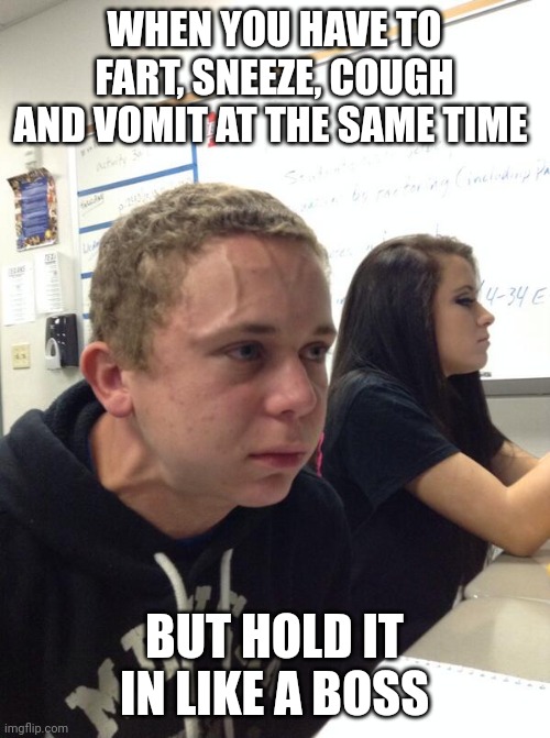 Hold fart | WHEN YOU HAVE TO FART, SNEEZE, COUGH AND VOMIT AT THE SAME TIME; BUT HOLD IT IN LIKE A BOSS | image tagged in hold fart | made w/ Imgflip meme maker