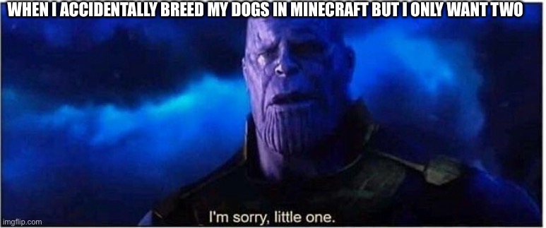 Thanos I'm sorry little one | WHEN I ACCIDENTALLY BREED MY DOGS IN MINECRAFT BUT I ONLY WANT TWO | image tagged in thanos i'm sorry little one | made w/ Imgflip meme maker