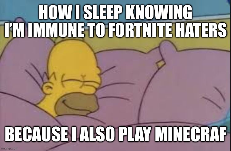 I’m immune | HOW I SLEEP KNOWING I’M IMMUNE TO FORTNITE HATERS; BECAUSE I ALSO PLAY MINECRAFT | image tagged in fortnite,minecraft | made w/ Imgflip meme maker