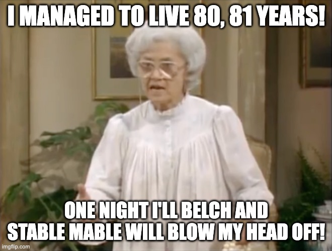 Stable Mable |  I MANAGED TO LIVE 80, 81 YEARS! ONE NIGHT I'LL BELCH AND STABLE MABLE WILL BLOW MY HEAD OFF! | image tagged in golden girls | made w/ Imgflip meme maker