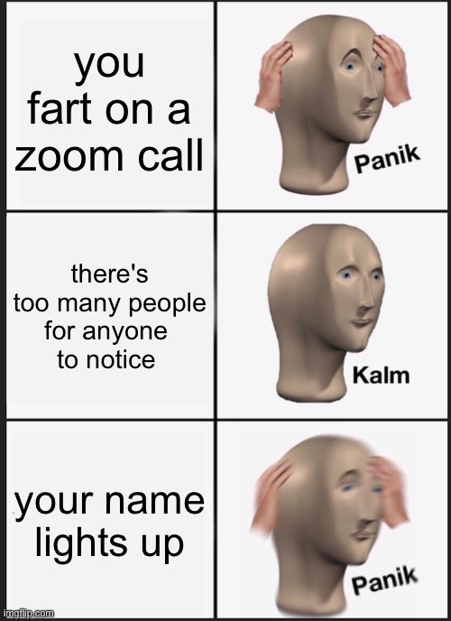 family gathering | you fart on a zoom call; there's too many people for anyone 
to notice; your name lights up | image tagged in memes,panik kalm panik | made w/ Imgflip meme maker