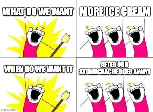 You want so much, you never know when to stop, even when you've had too much! | WHAT DO WE WANT; MORE ICE CREAM; AFTER OUR STOMACHACHE GOES AWAY! WHEN DO WE WANT IT | image tagged in memes,what do we want,ice cream,stomachache | made w/ Imgflip meme maker