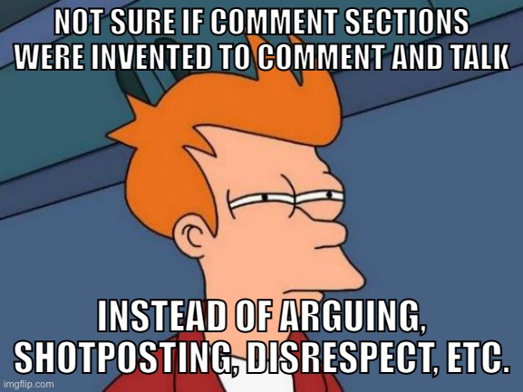 Futurama Fry | NOT SURE IF COMMENT SECTIONS WERE INVENTED TO COMMENT AND TALK; INSTEAD OF ARGUING, SHOTPOSTING, DISRESPECT, ETC. | image tagged in memes,futurama fry | made w/ Imgflip meme maker