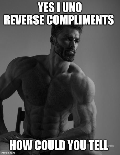 Giga Chad | YES I UNO REVERSE COMPLIMENTS; HOW COULD YOU TELL | image tagged in giga chad | made w/ Imgflip meme maker