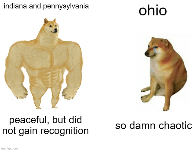 Buff Doge vs. Cheems Meme | indiana and pennysylvania; ohio; peaceful, but did not gain recognition; so damn chaotic | image tagged in memes,buff doge vs cheems | made w/ Imgflip meme maker