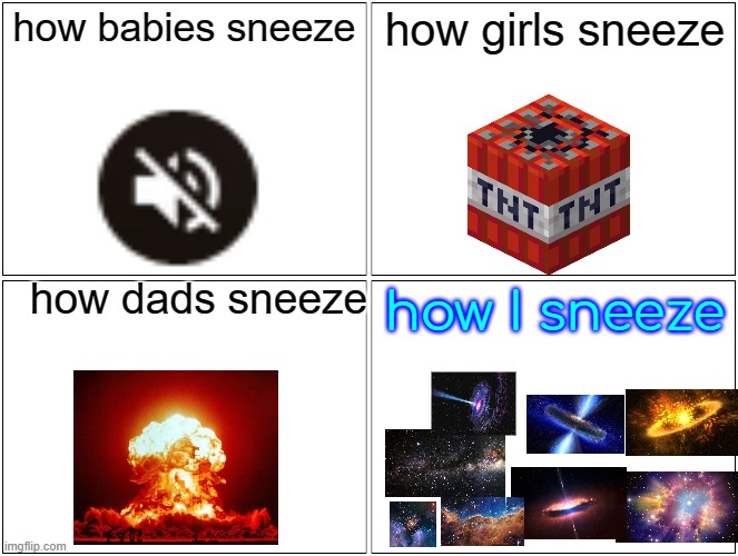Blank Comic Panel 2x2 | how babies sneeze; how girls sneeze; how dads sneeze; how I sneeze | image tagged in memes,blank comic panel 2x2 | made w/ Imgflip meme maker