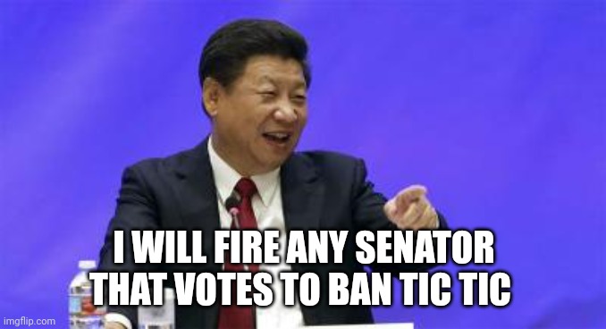 Xi threatens to fire US senators | I WILL FIRE ANY SENATOR THAT VOTES TO BAN TIC TIC | image tagged in xi jinping laughing | made w/ Imgflip meme maker