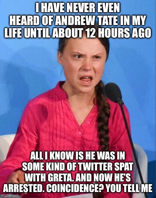 Greta called in a hit with her Leftist prosecutor friends in Romania. Prove me wrong | I HAVE NEVER EVEN HEARD OF ANDREW TATE IN MY LIFE UNTIL ABOUT 12 HOURS AGO; ALL I KNOW IS HE WAS IN SOME KIND OF TWITTER SPAT WITH GRETA. AND NOW HE’S ARRESTED. COINCIDENCE? YOU TELL ME | image tagged in greta thunberg how dare you,geta,twitter,andrew tate,arrested,sad | made w/ Imgflip meme maker
