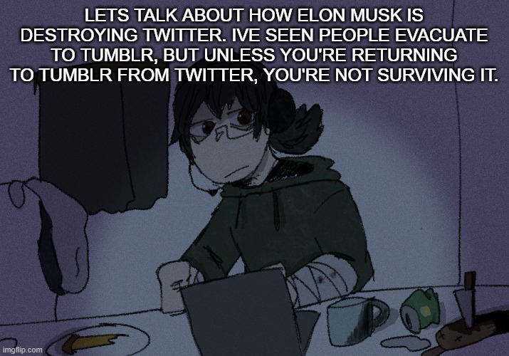 LETS TALK ABOUT HOW ELON MUSK IS DESTROYING TWITTER. IVE SEEN PEOPLE EVACUATE TO TUMBLR, BUT UNLESS YOU'RE RETURNING TO TUMBLR FROM TWITTER, YOU'RE NOT SURVIVING IT. | image tagged in randumb radio channel | made w/ Imgflip meme maker