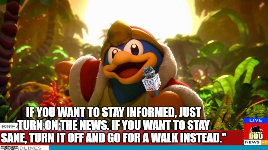 Dedede Breaking News | IF YOU WANT TO STAY INFORMED, JUST TURN ON THE NEWS. IF YOU WANT TO STAY SANE, TURN IT OFF AND GO FOR A WALK INSTEAD." | image tagged in dedede breaking news | made w/ Imgflip meme maker