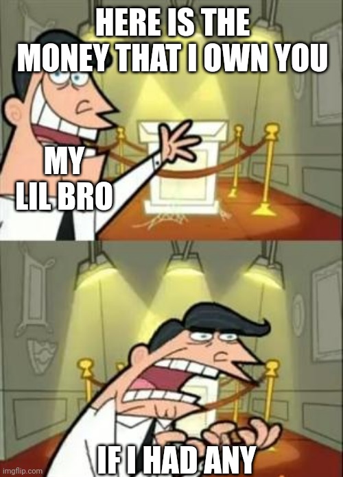 This Is Where I'd Put My Trophy If I Had One | HERE IS THE MONEY THAT I OWN YOU; MY LIL BRO; IF I HAD ANY | image tagged in memes,this is where i'd put my trophy if i had one | made w/ Imgflip meme maker