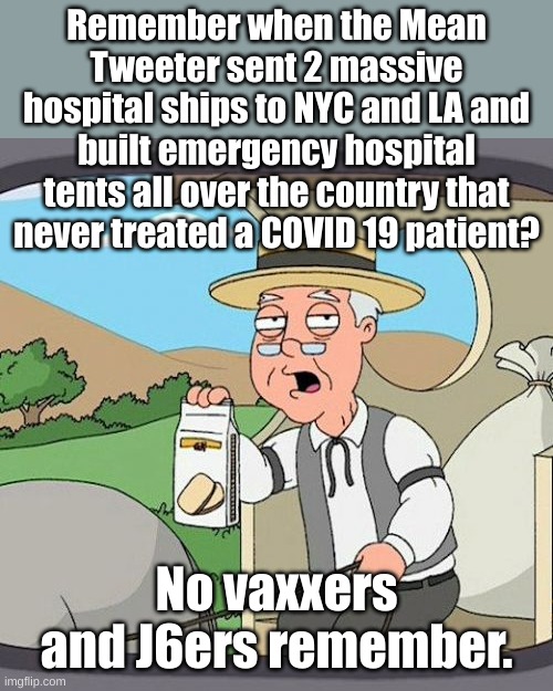 The coming Catastrophic Contagion they designed in October might actually kill their intended victims- young children | Remember when the Mean Tweeter sent 2 massive hospital ships to NYC and LA and built emergency hospital tents all over the country that never treated a COVID 19 patient? No vaxxers and J6ers remember. | image tagged in memes,pepperidge farm remembers | made w/ Imgflip meme maker