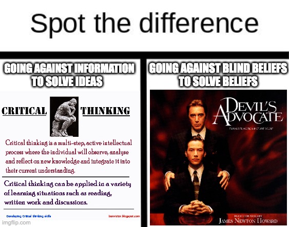 Spot the difference | GOING AGAINST INFORMATION; GOING AGAINST BLIND BELIEFS
TO SOLVE BELIEFS; TO SOLVE IDEAS | image tagged in spot the difference | made w/ Imgflip meme maker