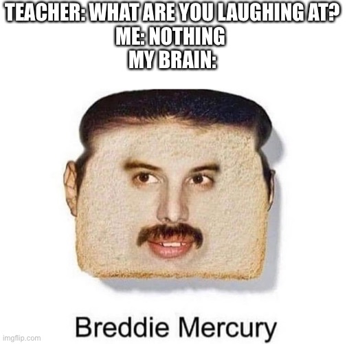 TEACHER: WHAT ARE YOU LAUGHING AT?
ME: NOTHING 
MY BRAIN: | image tagged in memes,funny,freddie mercury,bread | made w/ Imgflip meme maker