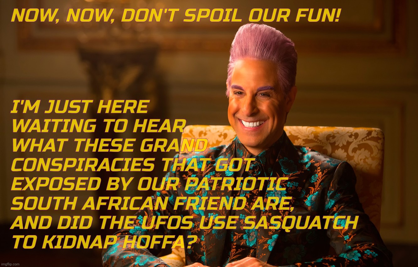 Caesar Fl | NOW, NOW, DON'T SPOIL OUR FUN! I'M JUST HERE
WAITING TO HEAR
WHAT THESE GRAND
CONSPIRACIES THAT GOT
EXPOSED BY OUR PATRIOTIC
SOUTH AFRICAN F | image tagged in caesar fl | made w/ Imgflip meme maker