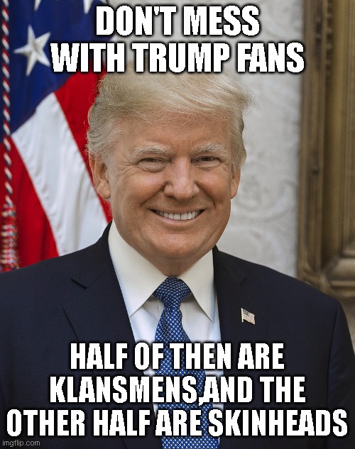 Don't Mess with Drumpf F卍ns | DON'T MESS WITH TRUMP FANS; HALF OF THEN ARE KLANSMENS,AND THE OTHER HALF ARE SKINHEADS | image tagged in drompf | made w/ Imgflip meme maker