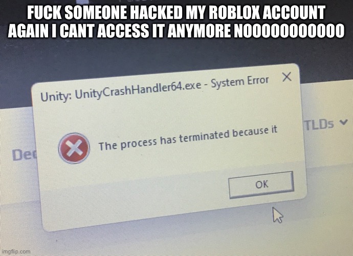WHY THE FUCK DOES BAD SHIT KEEP HAPPENING TO MEEEE | FUCK SOMEONE HACKED MY ROBLOX ACCOUNT AGAIN I CANT ACCESS IT ANYMORE NOOOOOOOOOOO | image tagged in the process has terminated because it | made w/ Imgflip meme maker