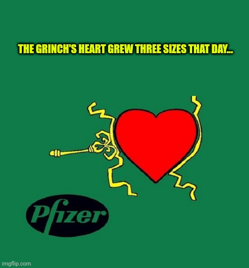 The Grinch's heart grew three sizes that day... | THE GRINCH'S HEART GREW THREE SIZES THAT DAY... | image tagged in the grinch,heart,explosion,pfizer,vaccine,poison | made w/ Imgflip meme maker