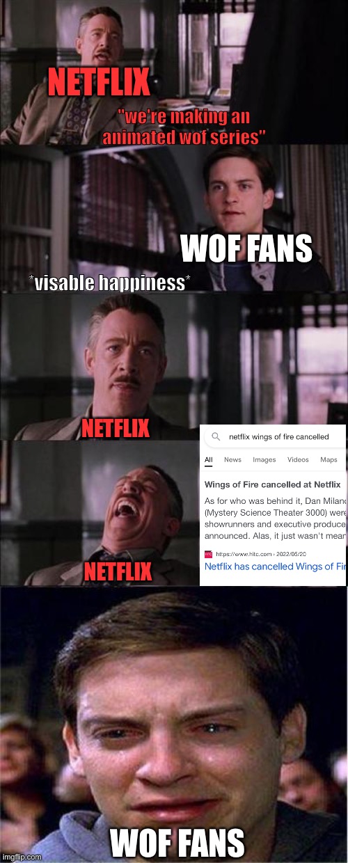 Peter Parker Cry | NETFLIX; "we're making an animated wof series"; WOF FANS; *visable happiness*; NETFLIX; NETFLIX; WOF FANS | image tagged in memes,peter parker cry | made w/ Imgflip meme maker
