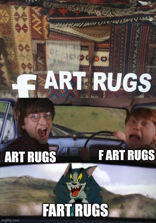 f ART RUGS | F ART RUGS; ART RUGS; FART RUGS | image tagged in tom chasing harry and ron weasly,art,rugs,you had one job,memes,fails | made w/ Imgflip meme maker
