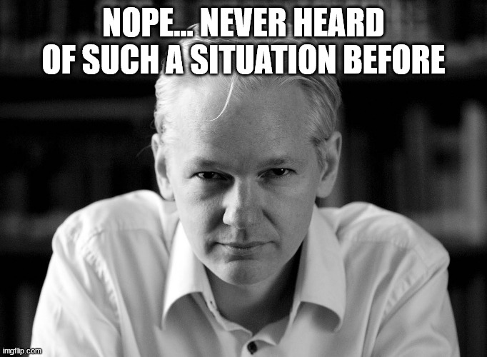 Julian Assange | NOPE... NEVER HEARD OF SUCH A SITUATION BEFORE | image tagged in julian assange | made w/ Imgflip meme maker