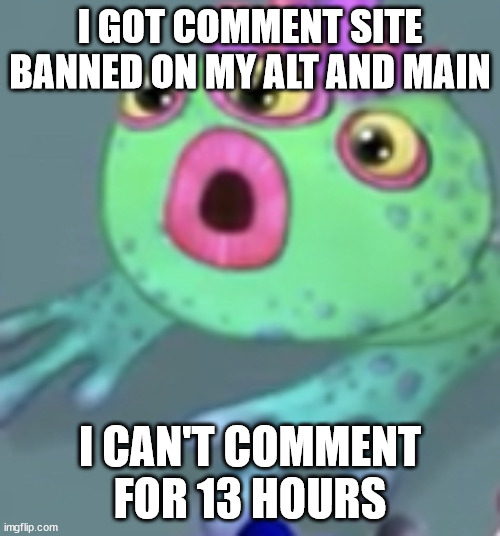 i hate site mods | I GOT COMMENT SITE BANNED ON MY ALT AND MAIN; I CAN'T COMMENT FOR 13 HOURS | image tagged in fwog pogging | made w/ Imgflip meme maker