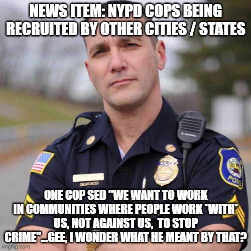 I wonder | NEWS ITEM: NYPD COPS BEING RECRUITED BY OTHER CITIES / STATES; ONE COP SED "WE WANT TO WORK IN COMMUNITIES WHERE PEOPLE WORK *WITH* US, NOT AGAINST US,  TO STOP CRIME"...GEE, I WONDER WHAT HE MEANT BY THAT? | image tagged in cop | made w/ Imgflip meme maker