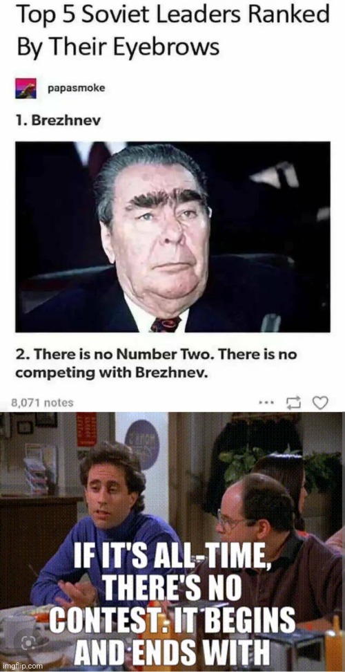 Begins and ends with Brezhnev | image tagged in seinfeld,brezhnev,eyebrows,eyebrows on fleek,called it | made w/ Imgflip meme maker